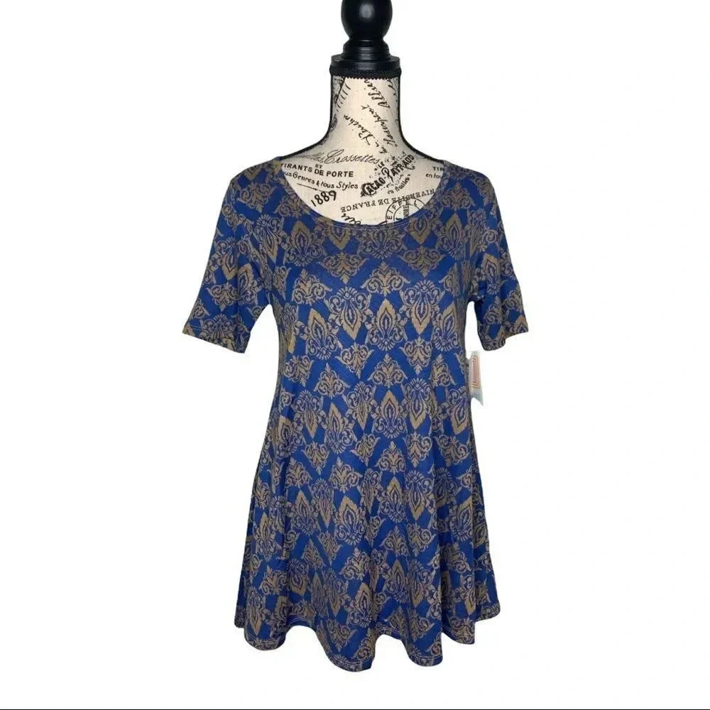 LuLaRoe NWT Perfect T Blue Gold Fleur-de-lis Knit Swing Top XXS